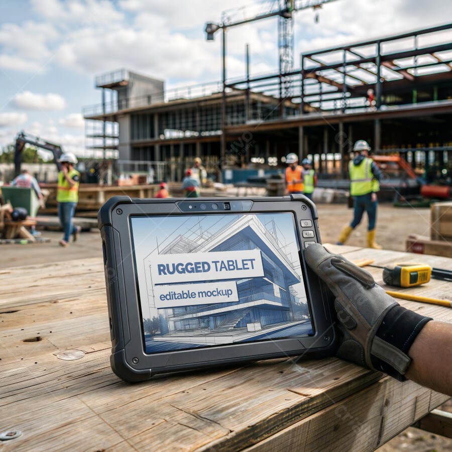 Mockup Tablet Robusto Mãos Segurando Canteiro Obras Editável