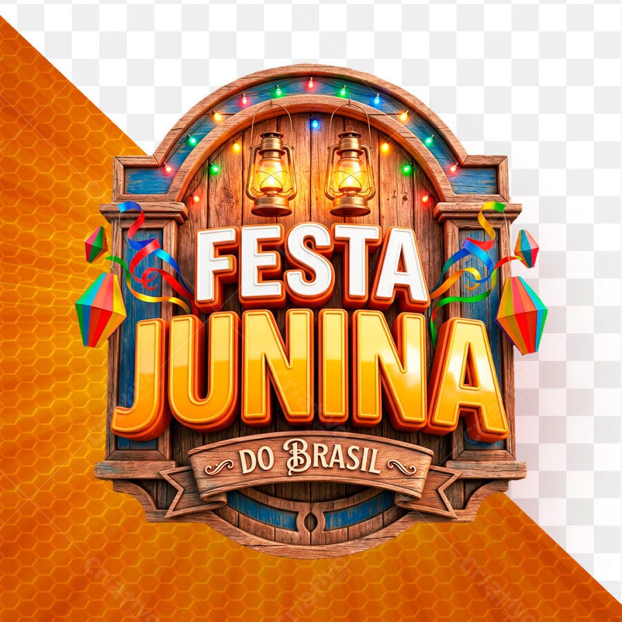 Badge 3D Festa Junina com Lampiões e Bandeirinhas PNG Transparente