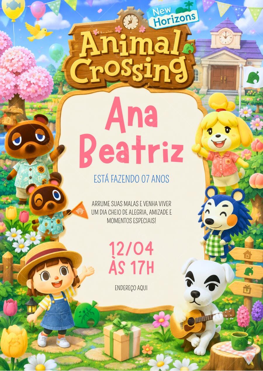 Convite Aniversário Animal Crossing New Horizons 7 Anos Editável