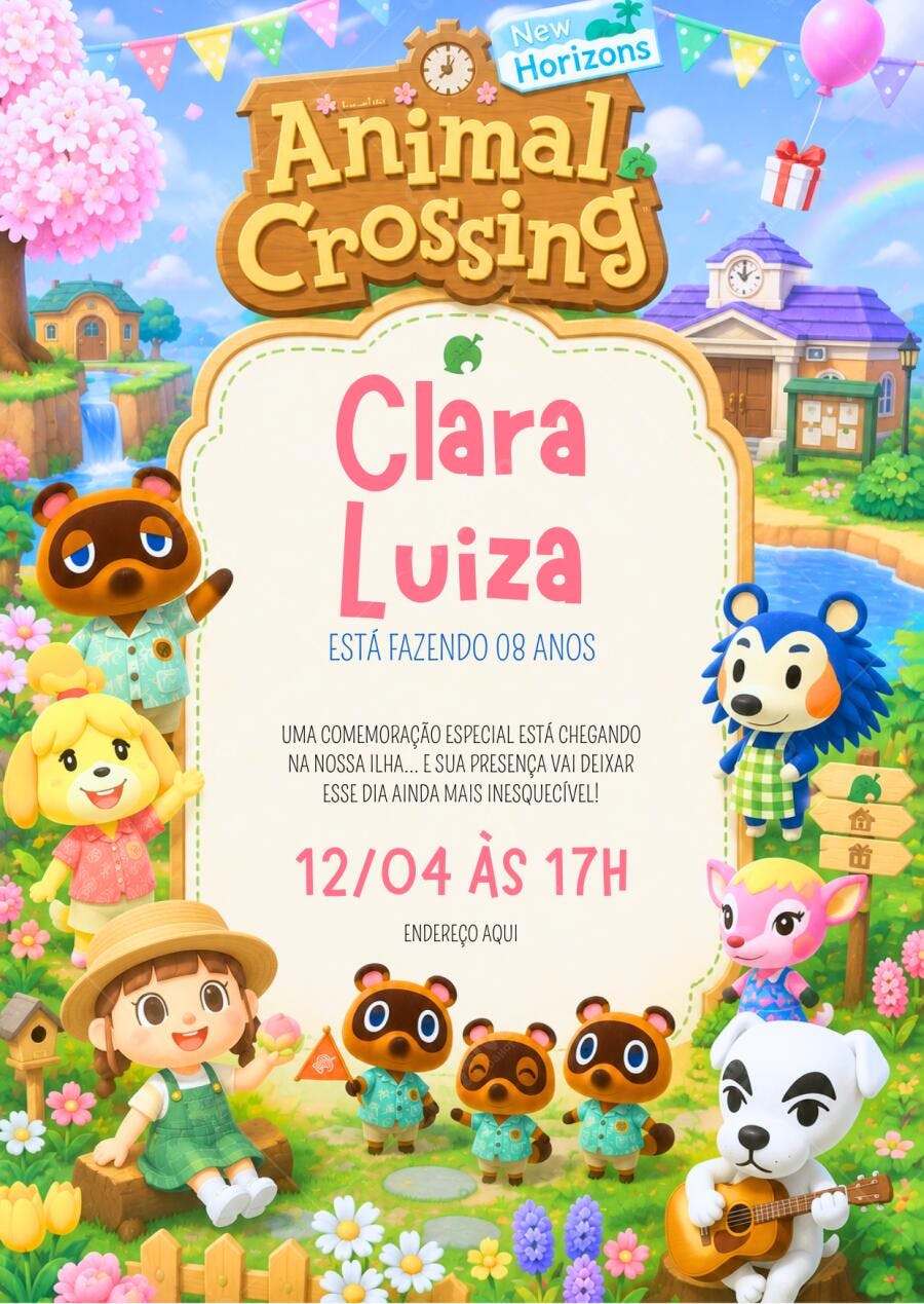 Convite Aniversário Animal Crossing New Horizons 8 Anos Editável