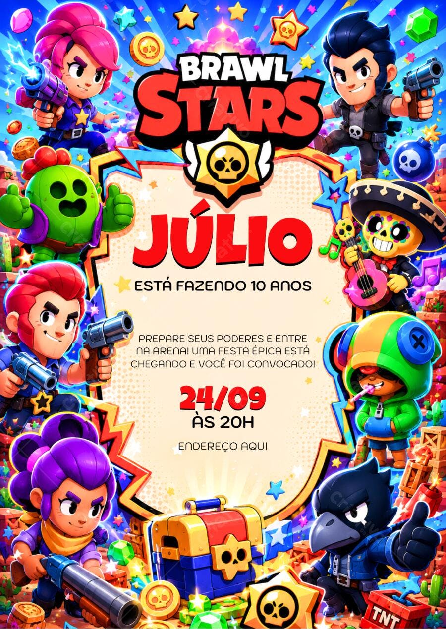 Convite Aniversário Brawl Stars 10 Anos Editável