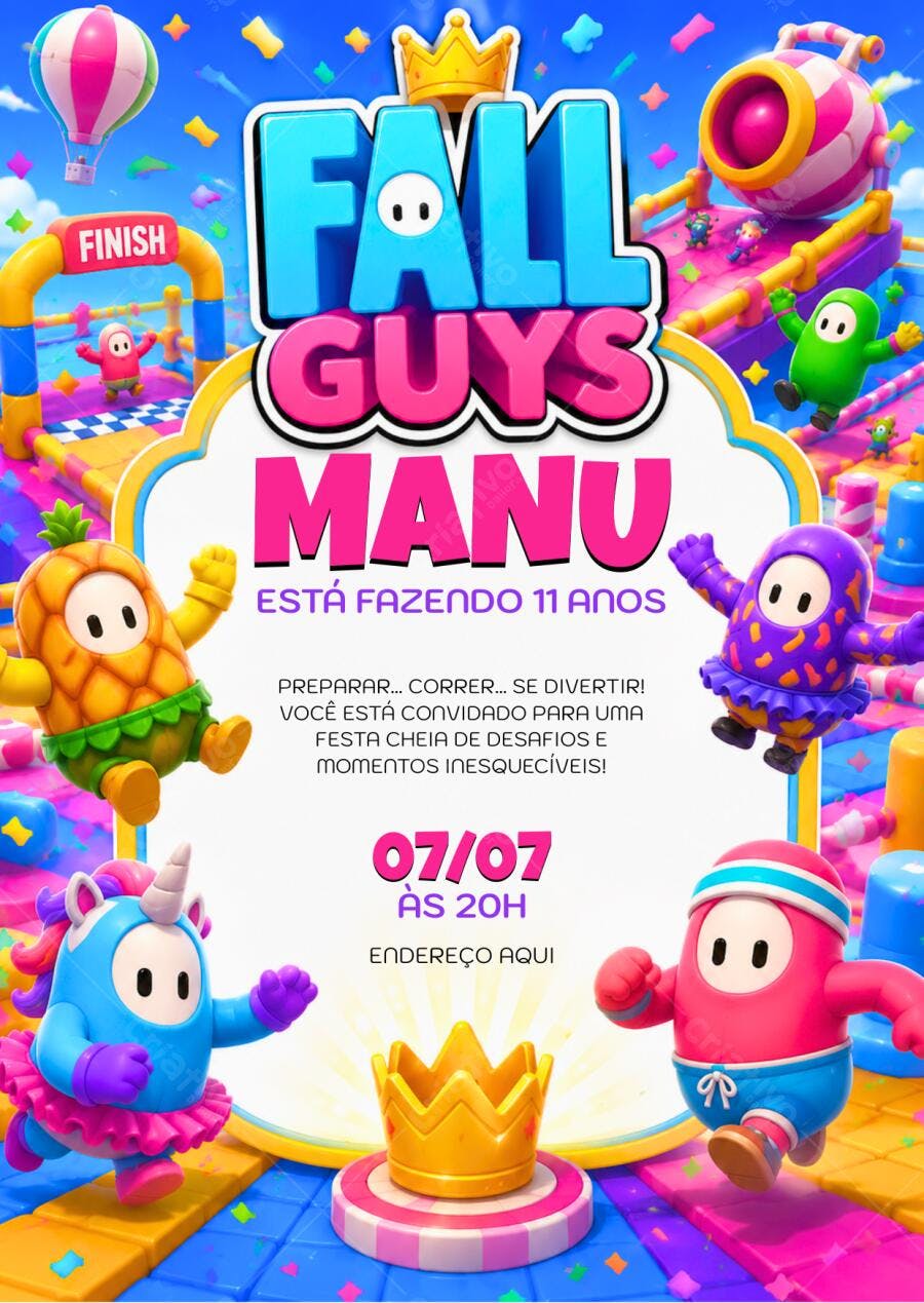 Convite Aniversário Fall Guys 11 Anos Editável