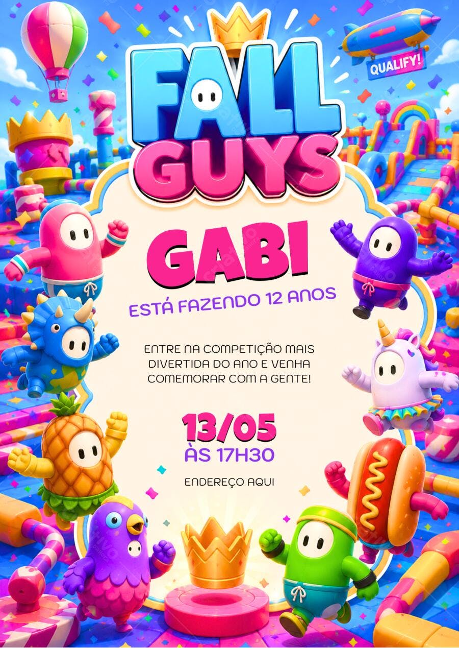 Convite Aniversário Fall Guys 12 Anos Editável