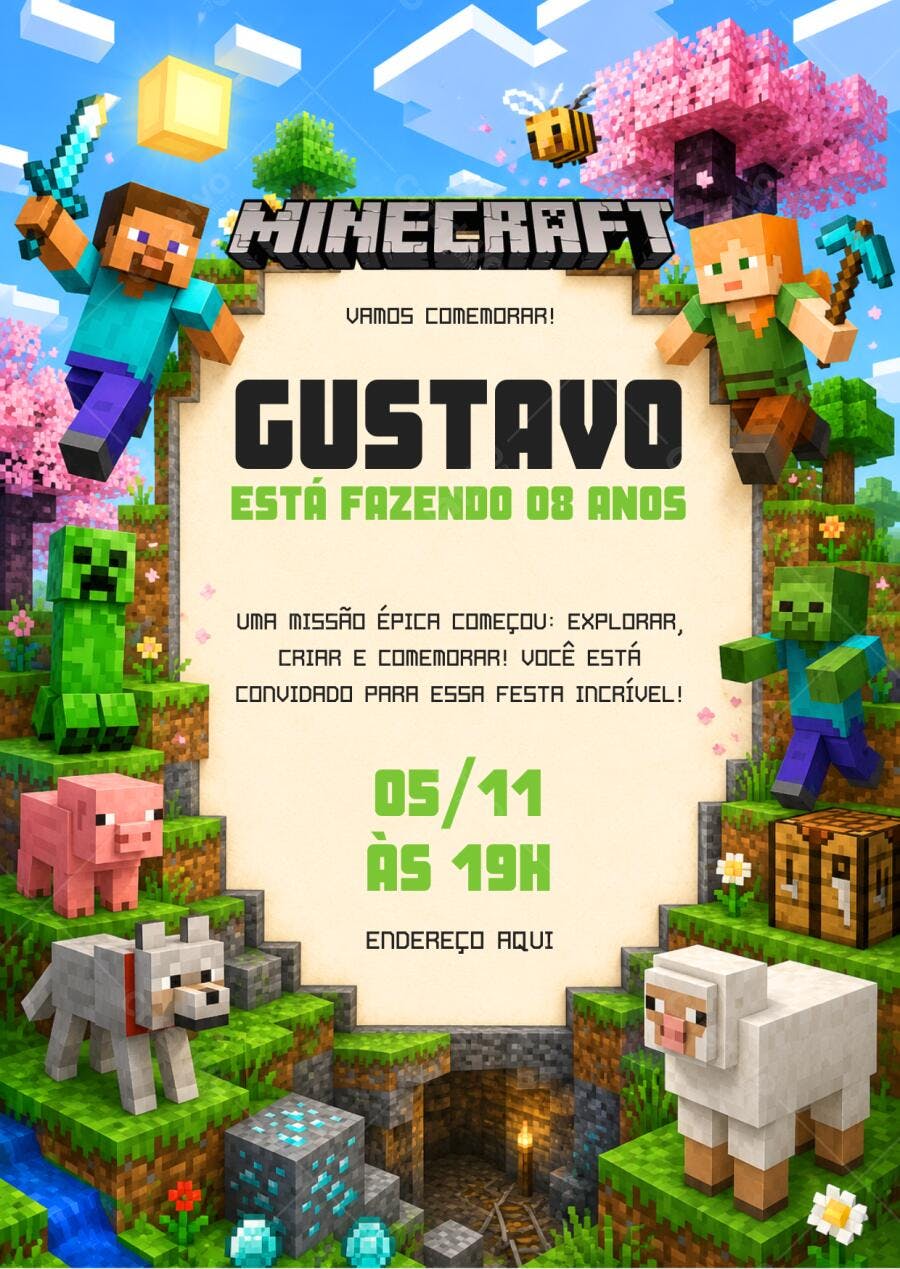 Convite Aniversário Infantil Minecraft 8 Anos Editável