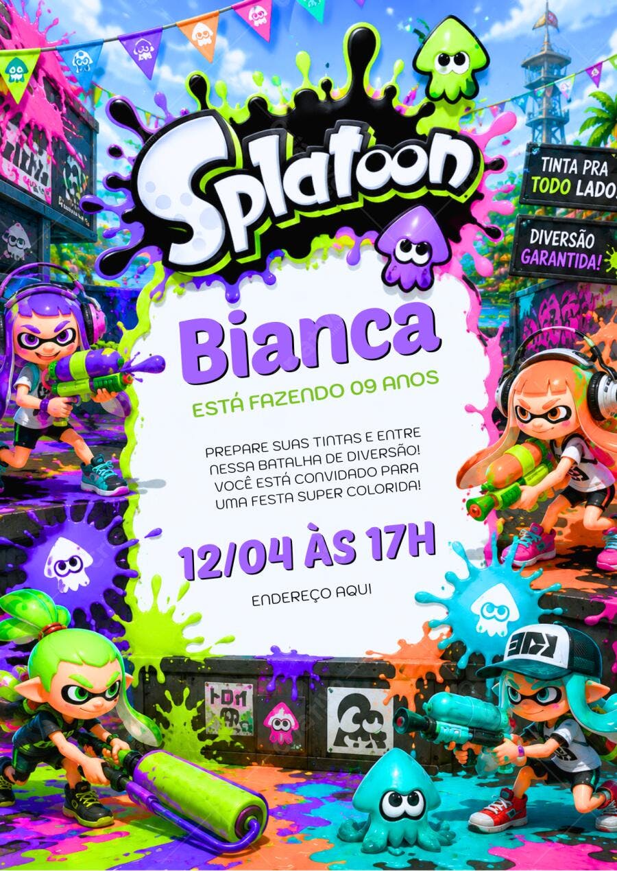 Convite Aniversário Infantil Splatoon 9 Anos Editável
