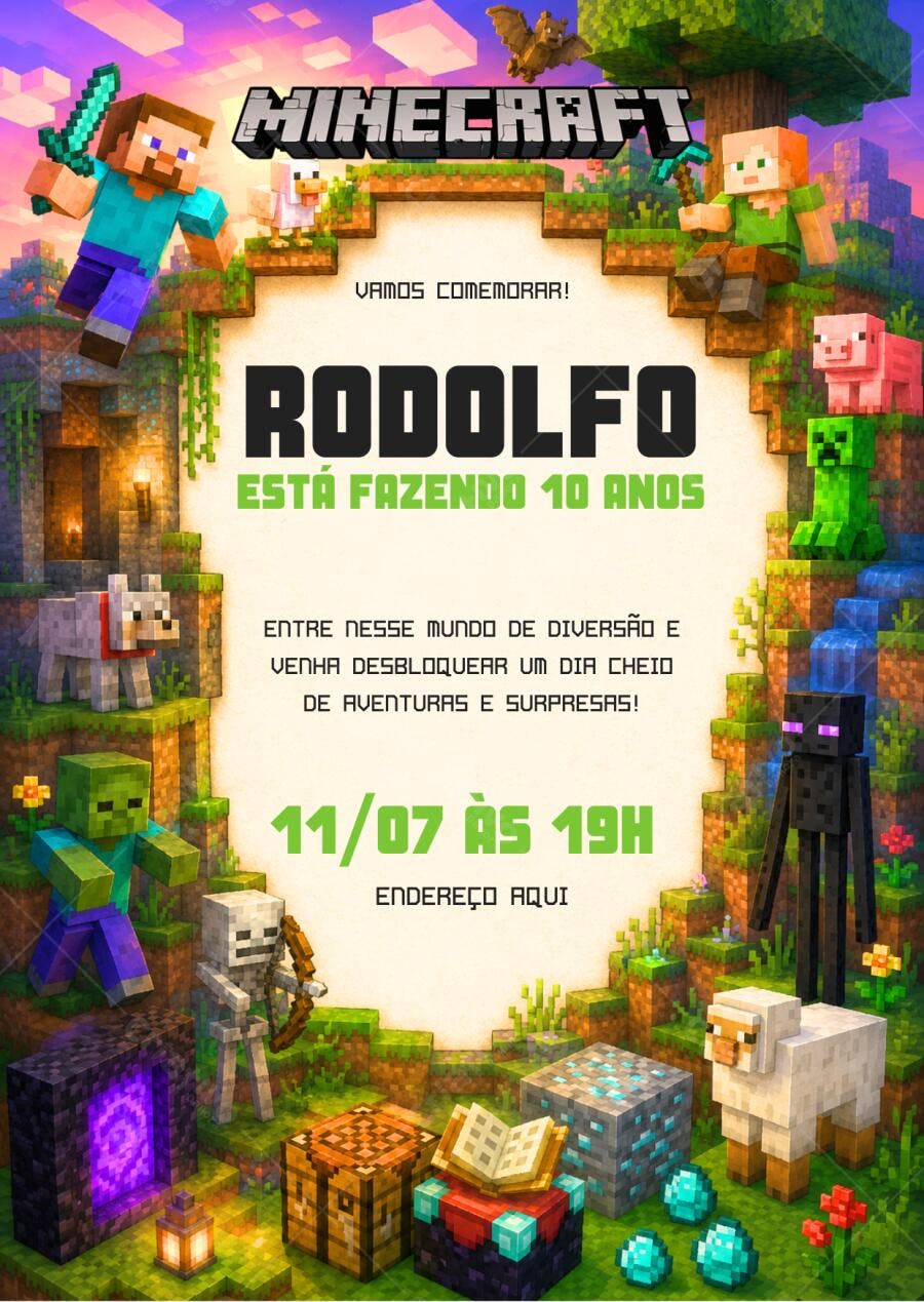 Convite Aniversário Minecraft 10 Anos Editável