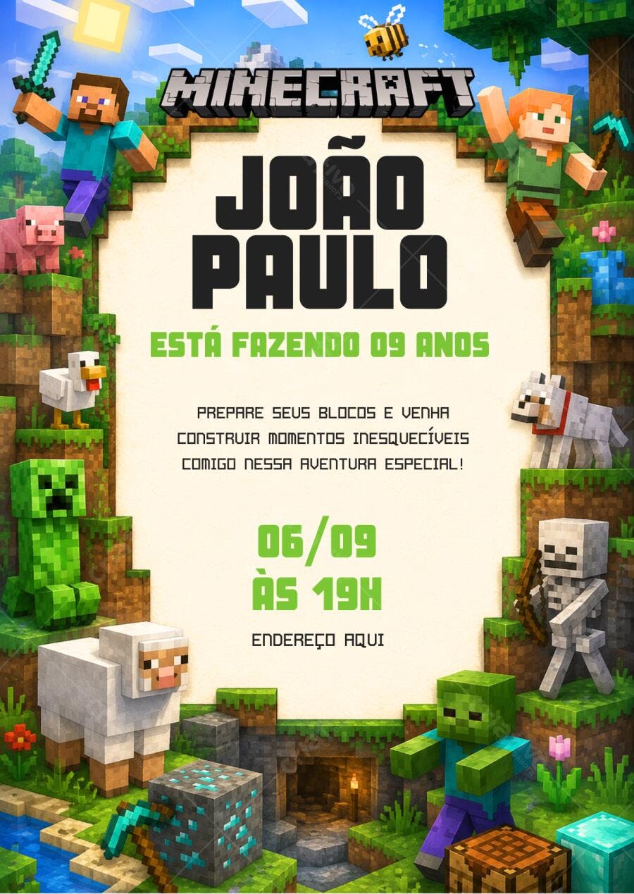 Convite Aniversário Minecraft 9 Anos Editável