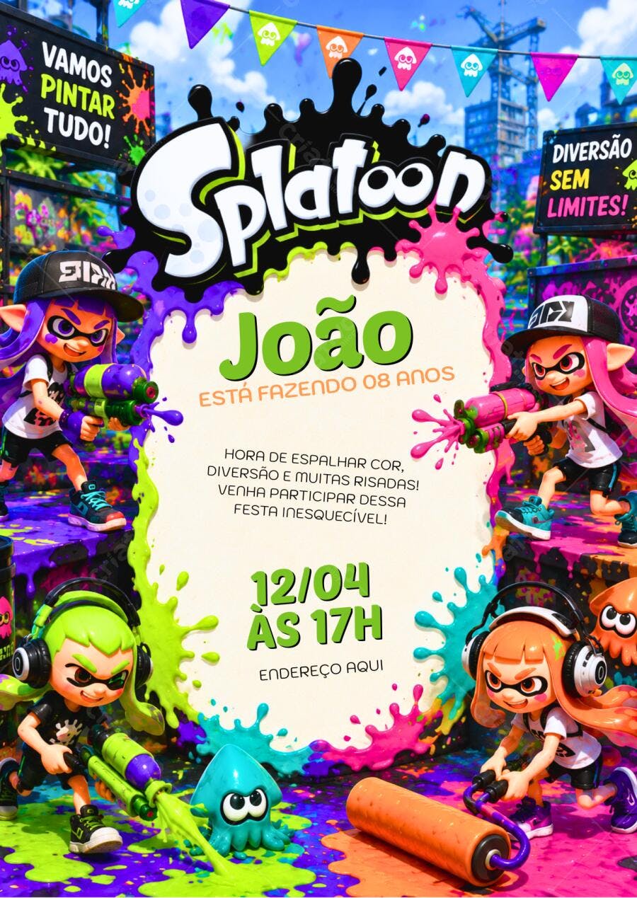 Convite Aniversário Splatoon 8 Anos Editável Digital
