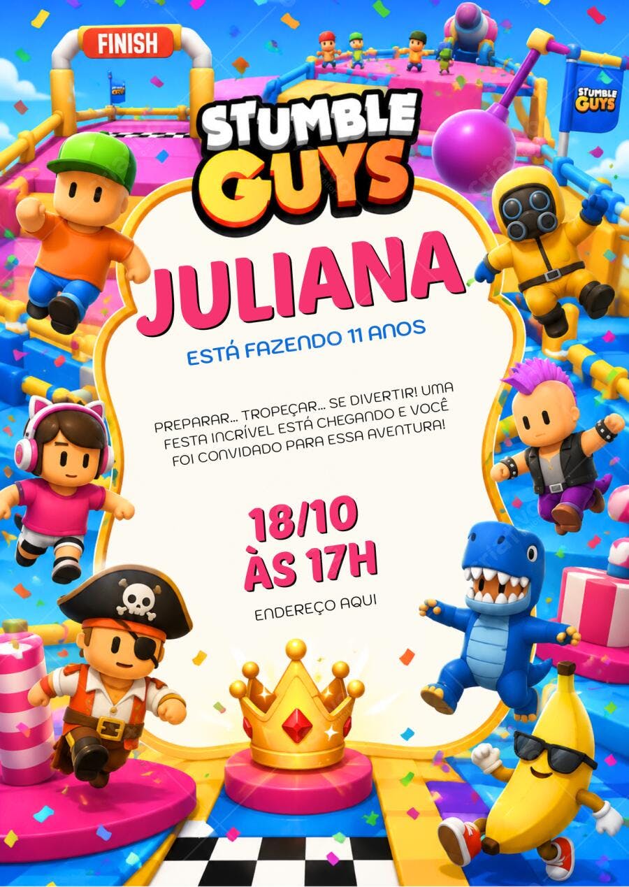 Convite Aniversário Stumble Guys 11 Anos Editável