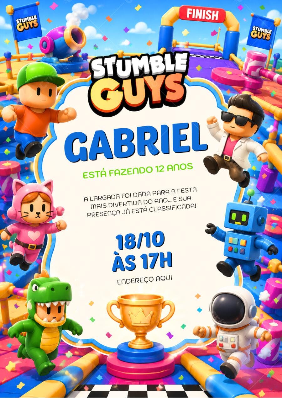 Convite Aniversário Stumble Guys 12 Anos Editável