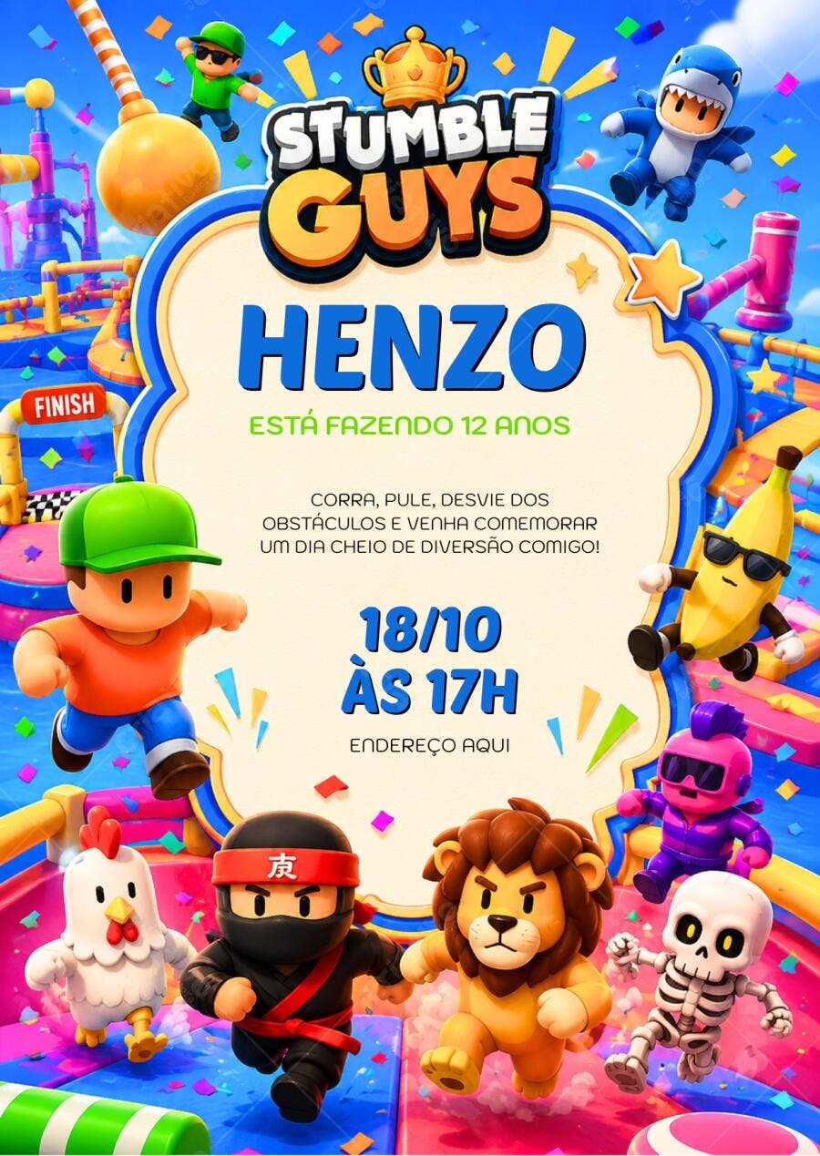 Convite Aniversário Stumble Guys 12 Anos Editável