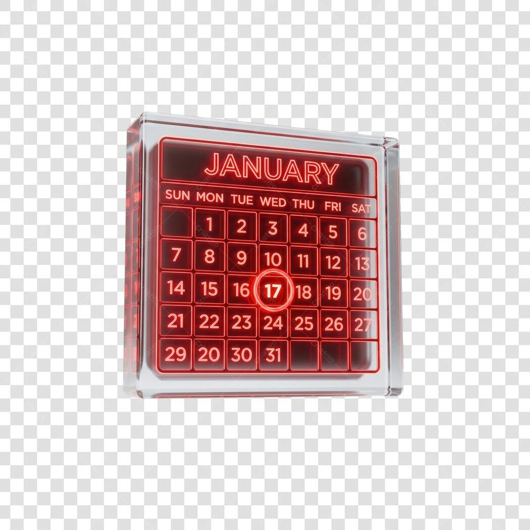 Elemento 3D Calendário Janeiro 17 Neon Vermelho PNG Fundo Transparente