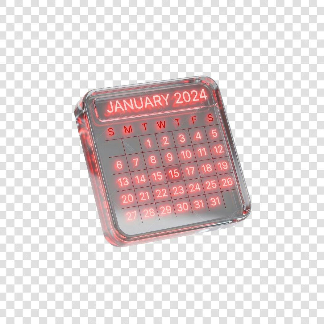 Elemento 3D Calendário Janeiro 2024 Neon Vermelho PNG Fundo Transparente
