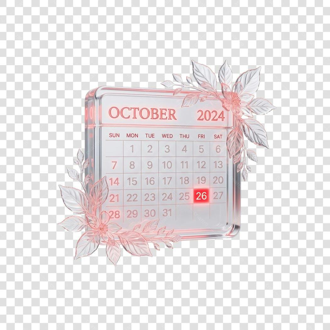 Elemento 3D Calendário Outubro 2024 Flores Rosas PNG Fundo Transparente