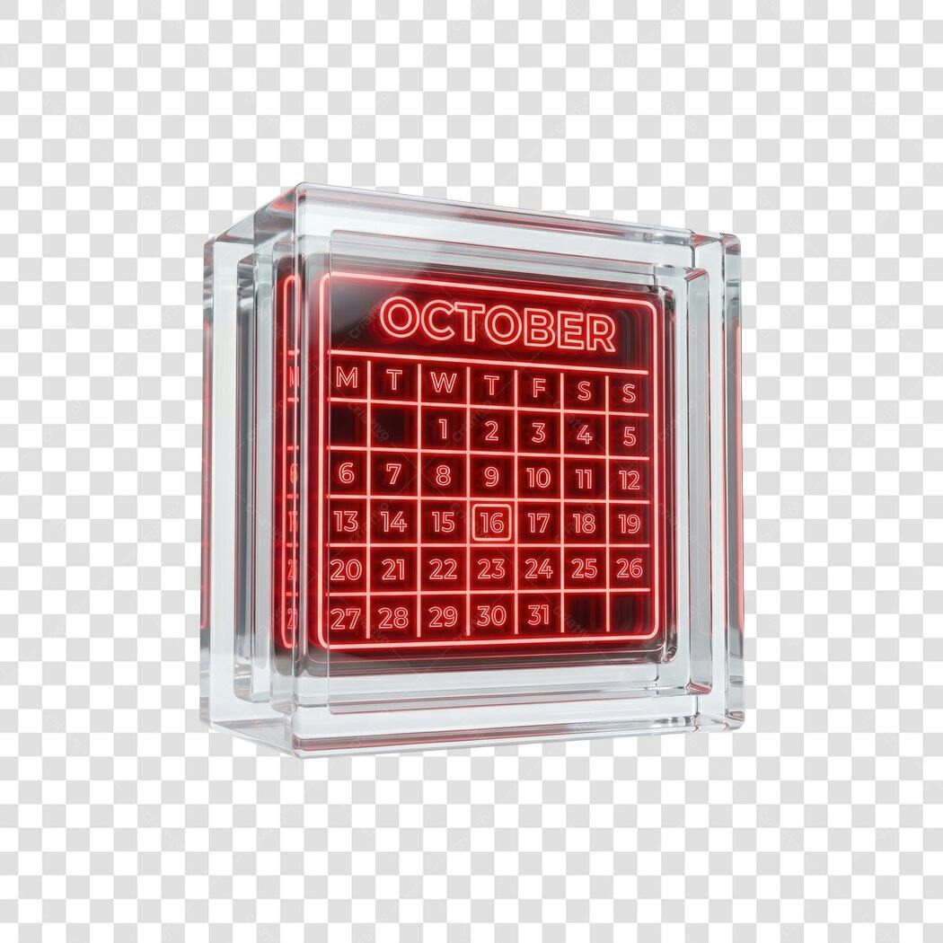 Elemento 3D Calendário Outubro Neon Vermelho PNG Fundo Transparente