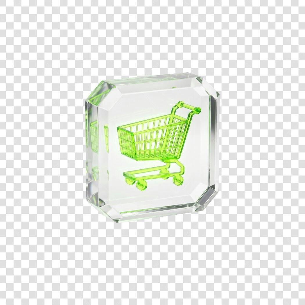 Elemento 3D Carrinho Compras Verde Neon Bloco Cristal PNG Fundo Transparente