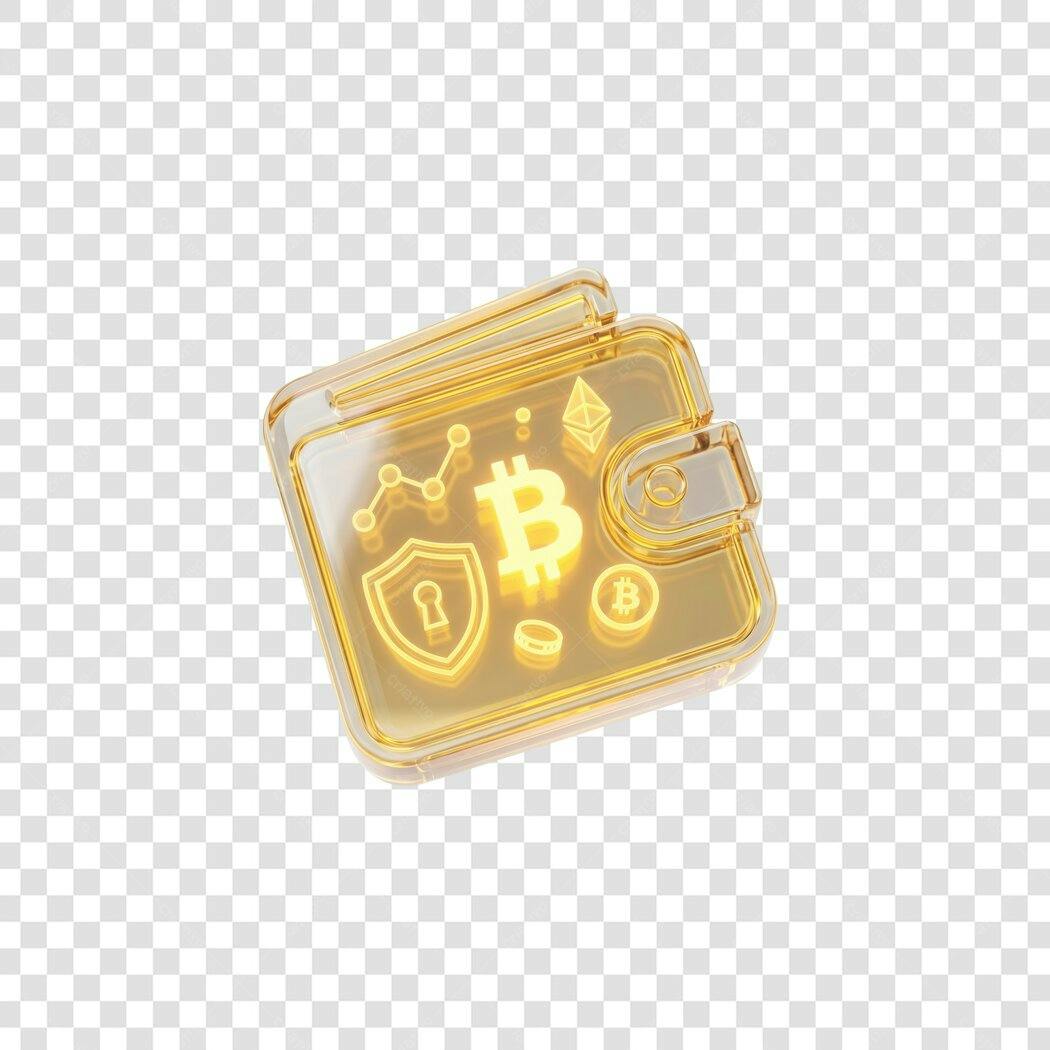 Elemento 3D Carteira Criptomoedas Bitcoin Dourada PNG Fundo Transparente