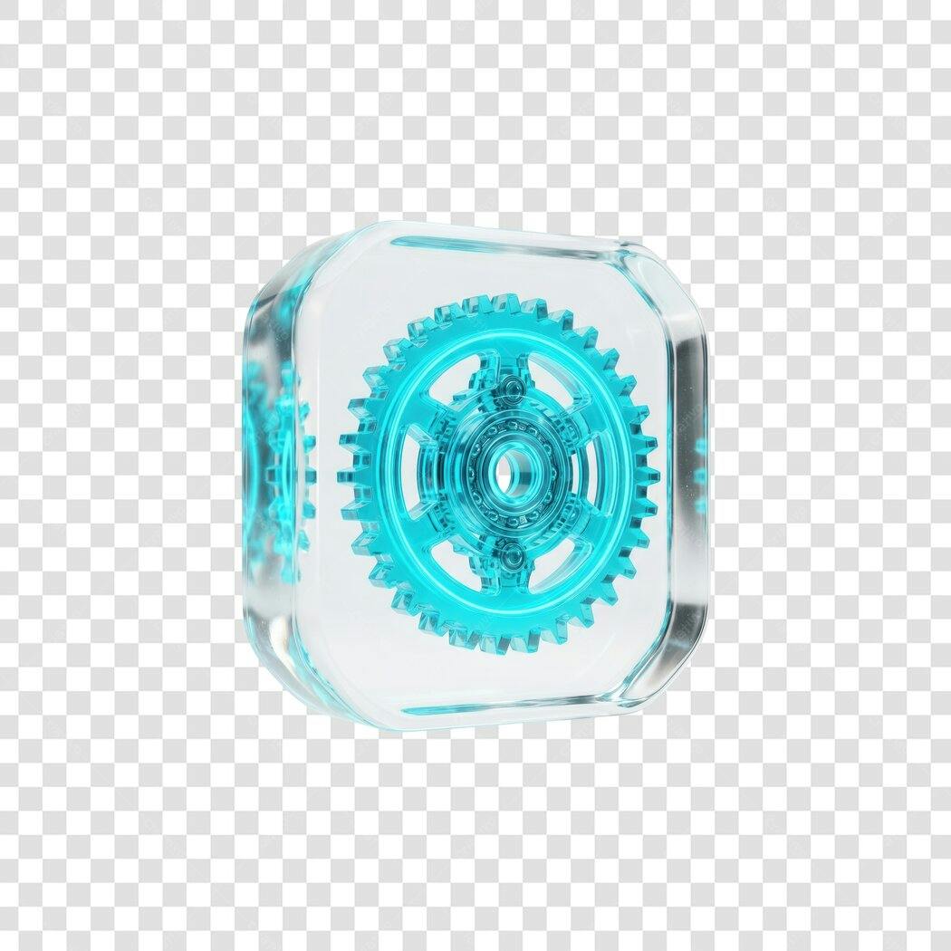 Elemento 3D Engrenagem Neon Azul Cubo Vidro PNG Fundo Transparente