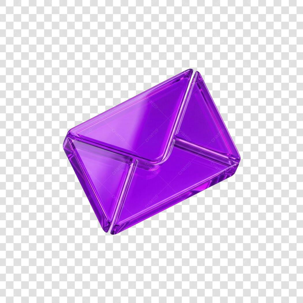 Elemento 3D Envelope Roxo Vidro Brilhante PNG Fundo Transparente