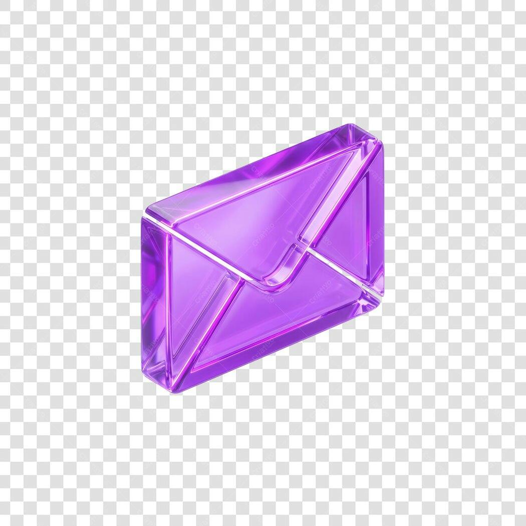 Elemento 3D Envelope Roxo Vidro Translúcido PNG Fundo Transparente