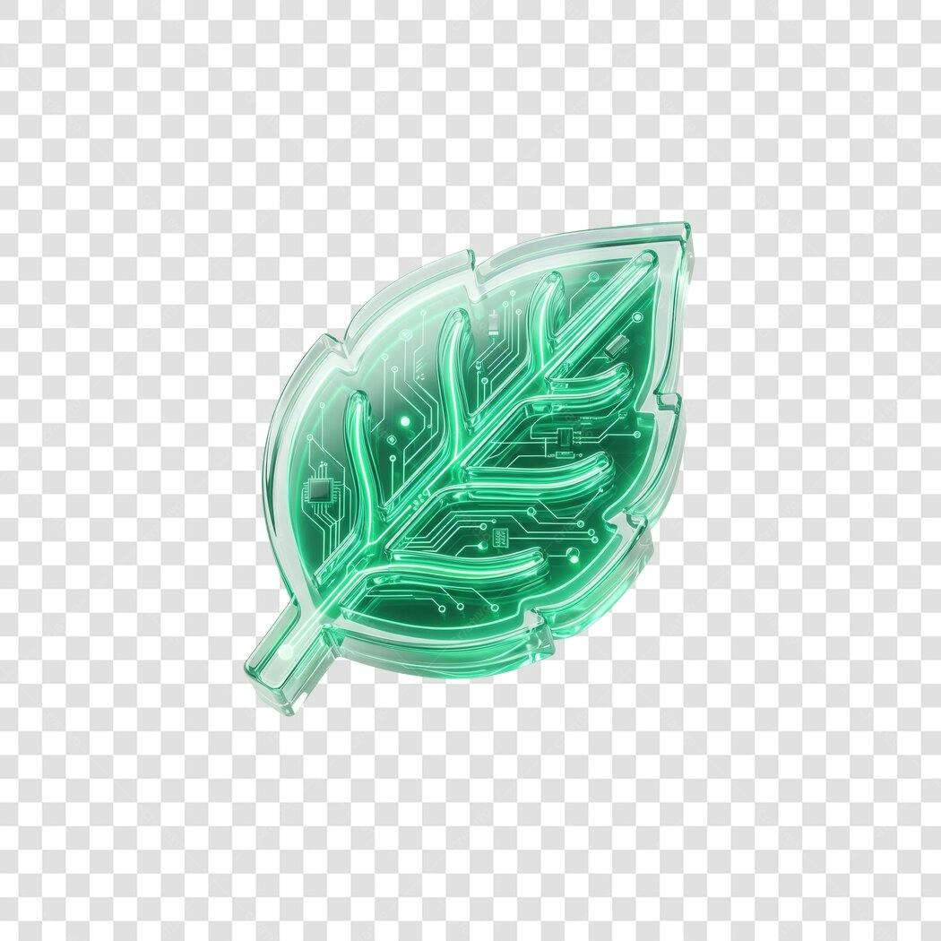 Elemento 3D Folha Tecnológica Verde Sustentabilidade PNG Fundo Transparente
