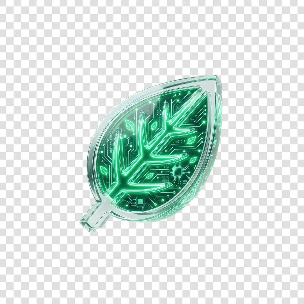 Elemento 3D Folha Tecnológica Verde Sustentabilidade PNG Fundo Transparente
