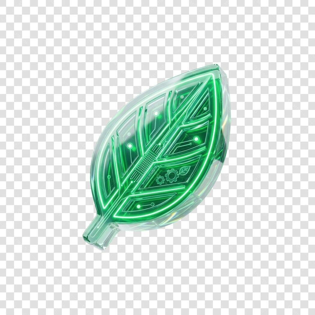 Elemento 3D Folha Tecnológica Verde Sustentabilidade PNG Fundo Transparente