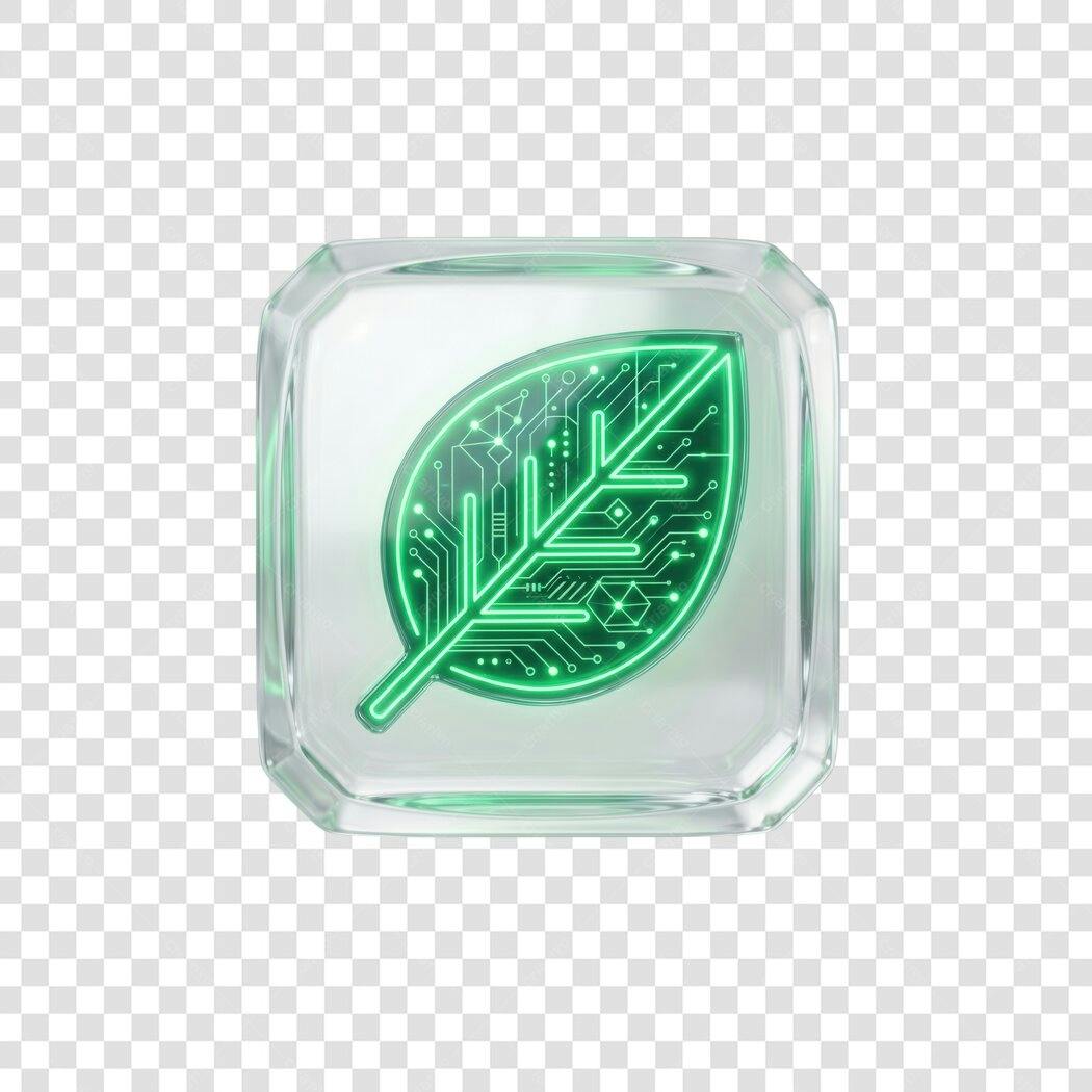 Elemento 3D Folha Tecnológica Verde Transparente PNG Fundo Transparente