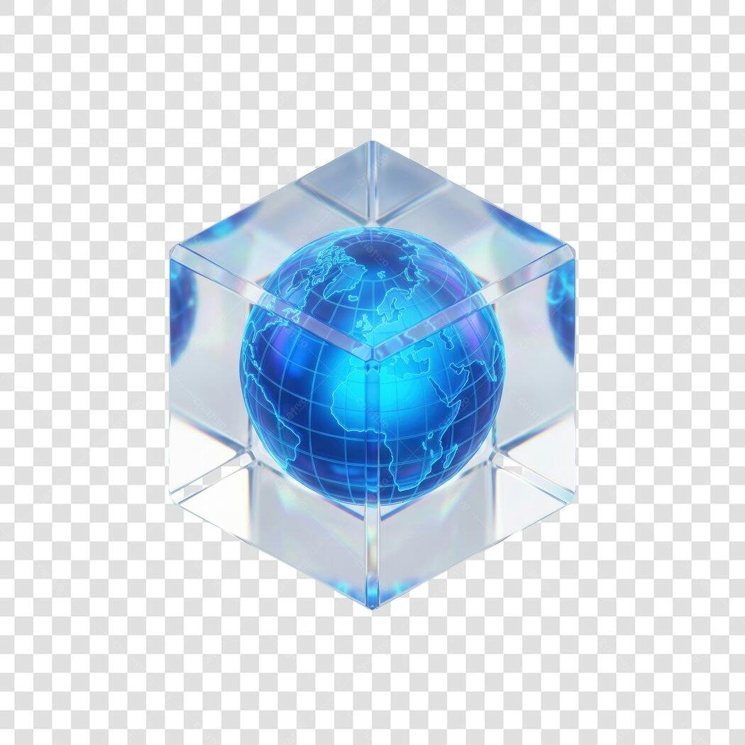 Elemento 3D Globo Terrestre Azul em Cubo PNG Fundo Transparente