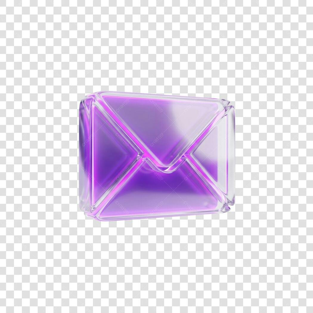 Elemento 3D Ícone Email Roxo Translúcido PNG Fundo Transparente