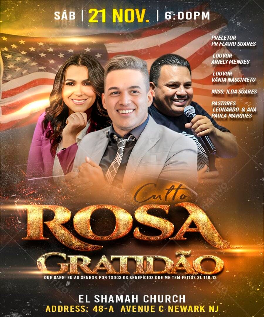 Flyer Culto Rosa Gratidão Igreja Cristã PSD Editável