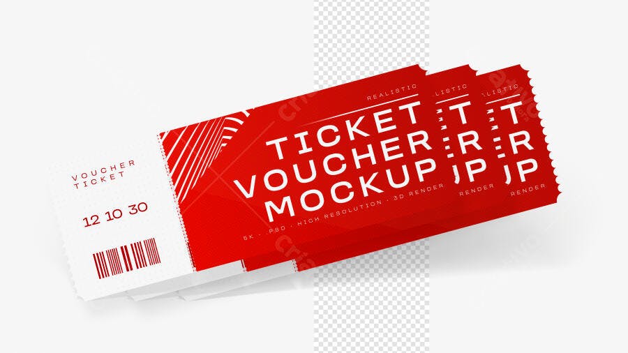 Mockup Realista Ingresso Voucher em Pilha Fundo Branco Editável