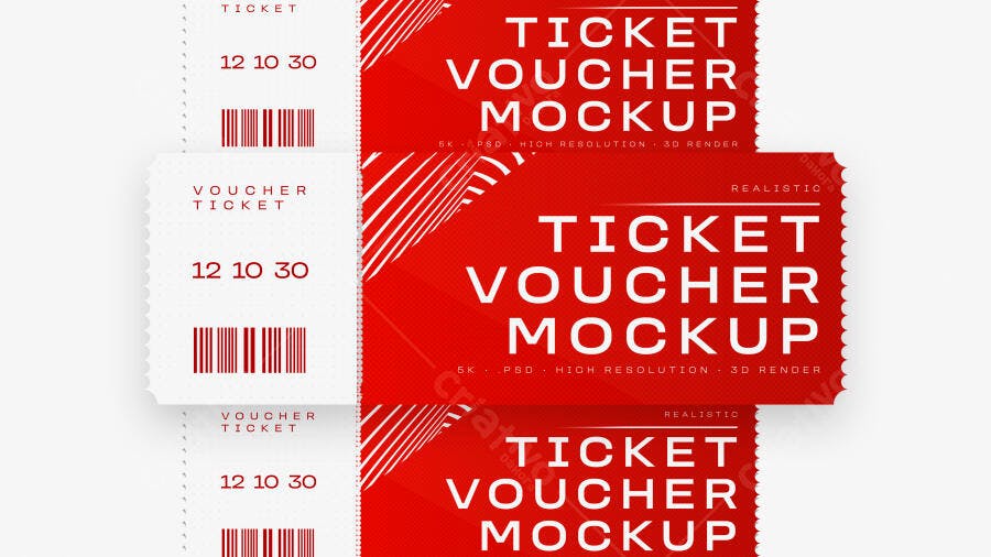 Mockup Realista Ticket Voucher Vermelho Fundo Branco Editável