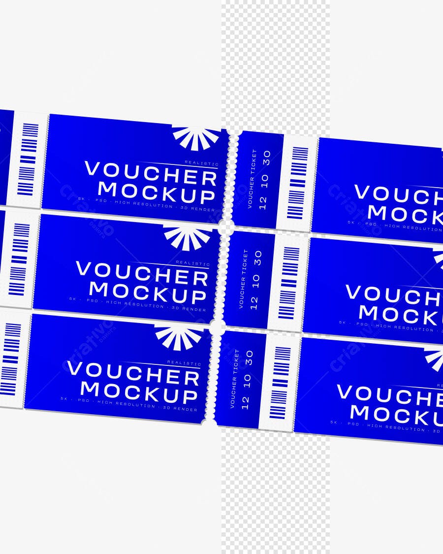 Mockup Realista Voucher Ticket Azul Fundo Branco Editável