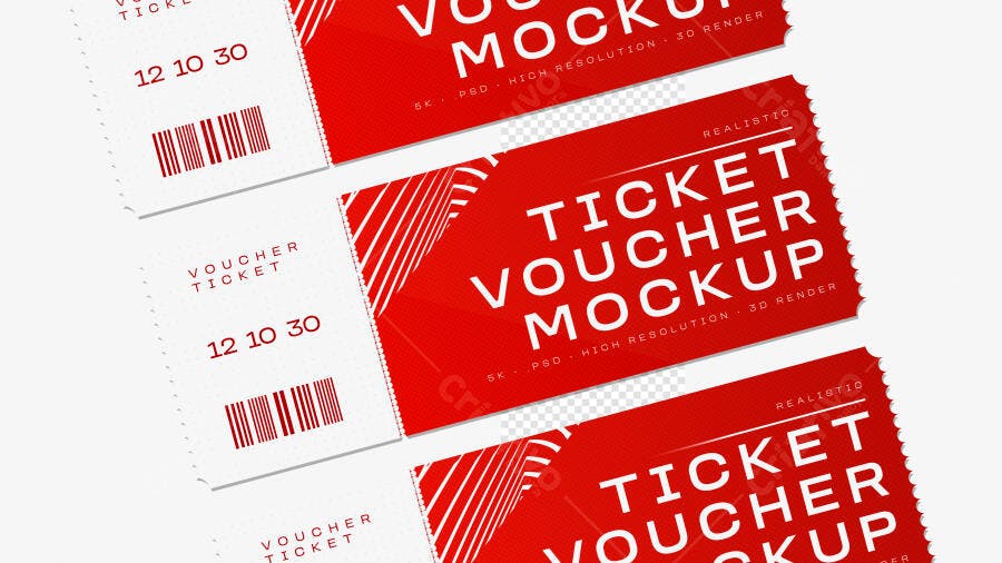 Mockup Ticket Voucher Ingresso Picotado Fundo Branco Editável