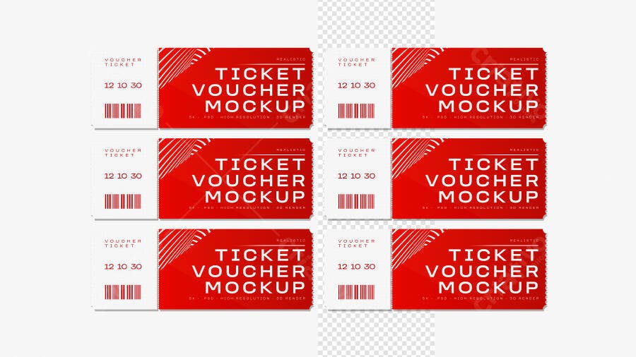 Mockup Ticket Voucher Vermelho Frontal Fundo Transparente Editável