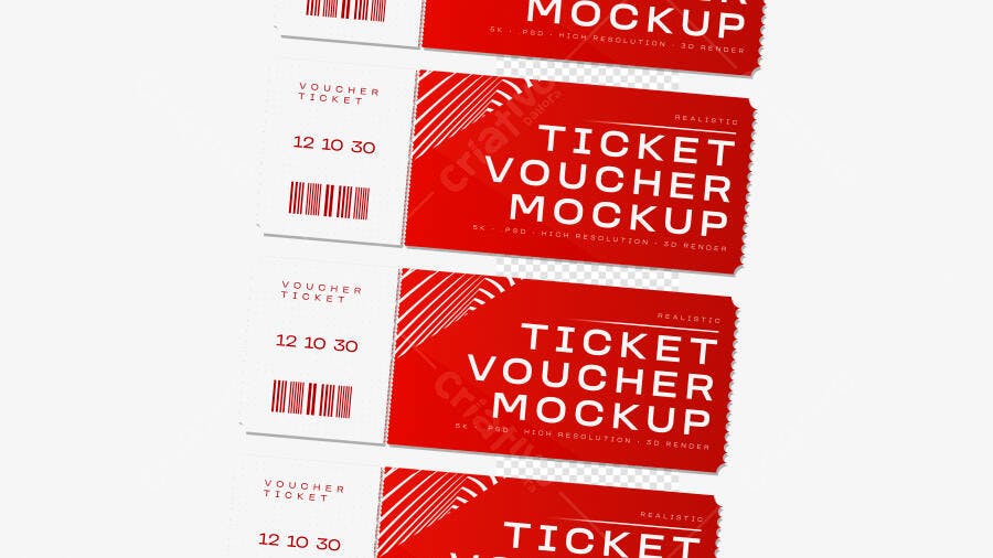 Mockup Ticket Voucher Vermelho Picotado Fundo Branco Editável