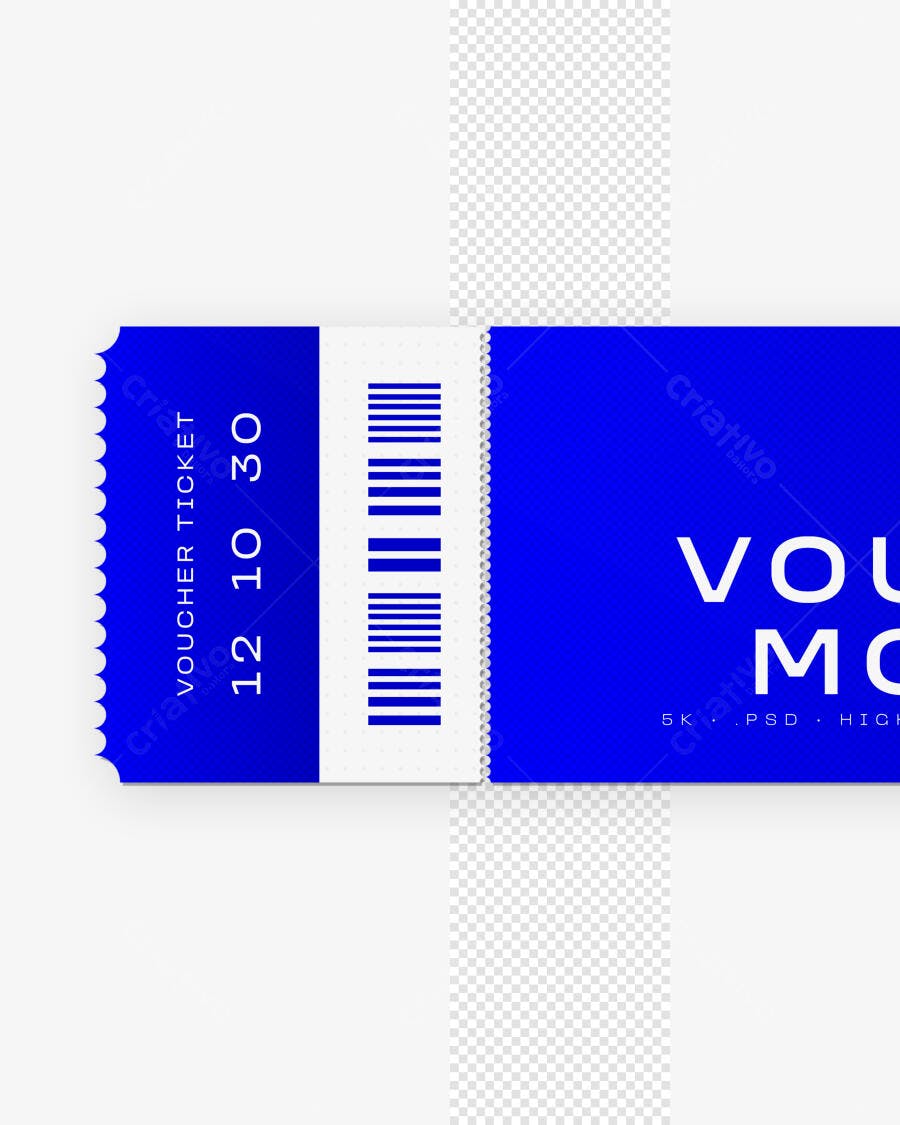 Mockup Voucher Ticket Azul Picotado Fundo Transparente Editável