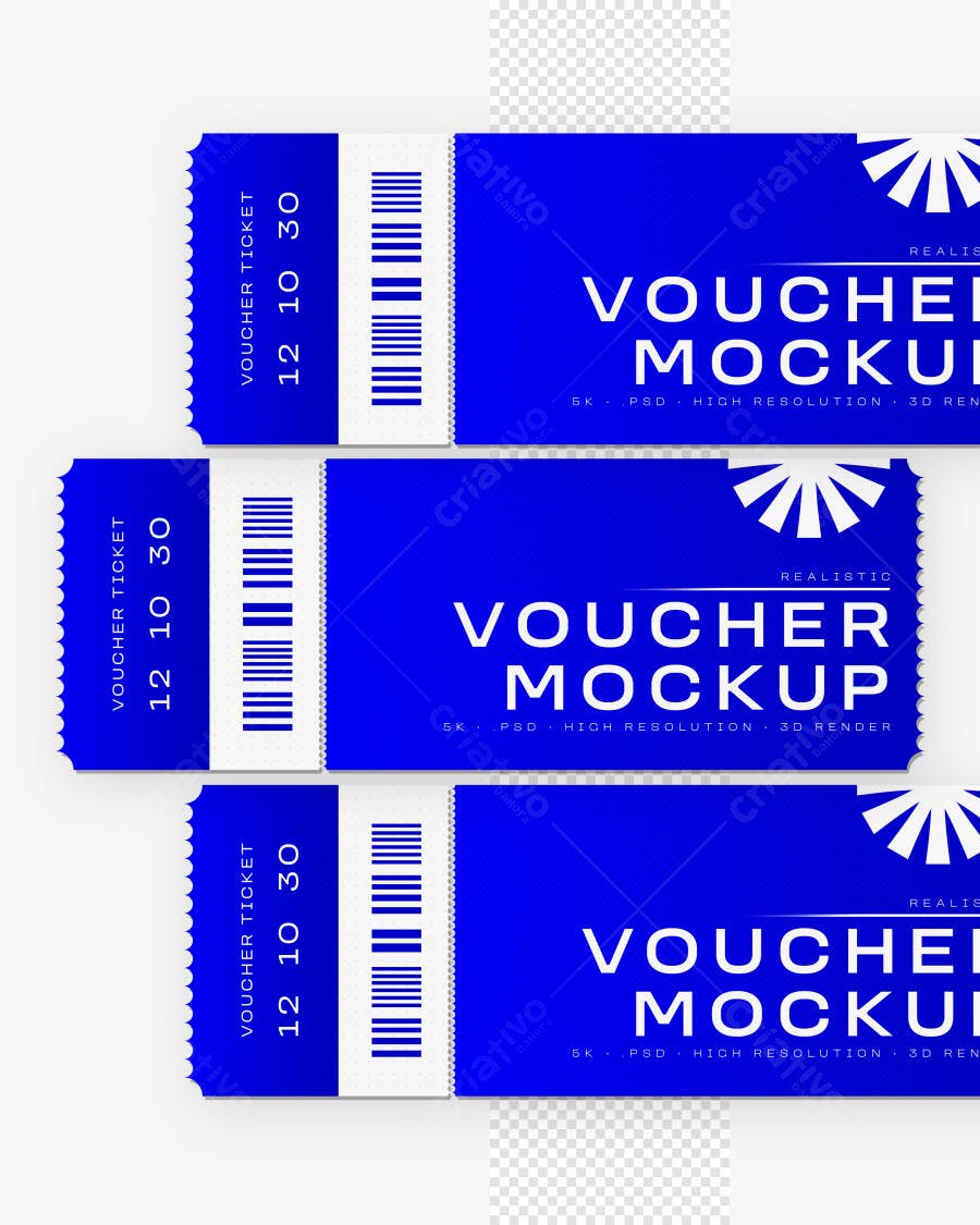Mockup Voucher Ticket Azul Realista Fundo Branco Editável