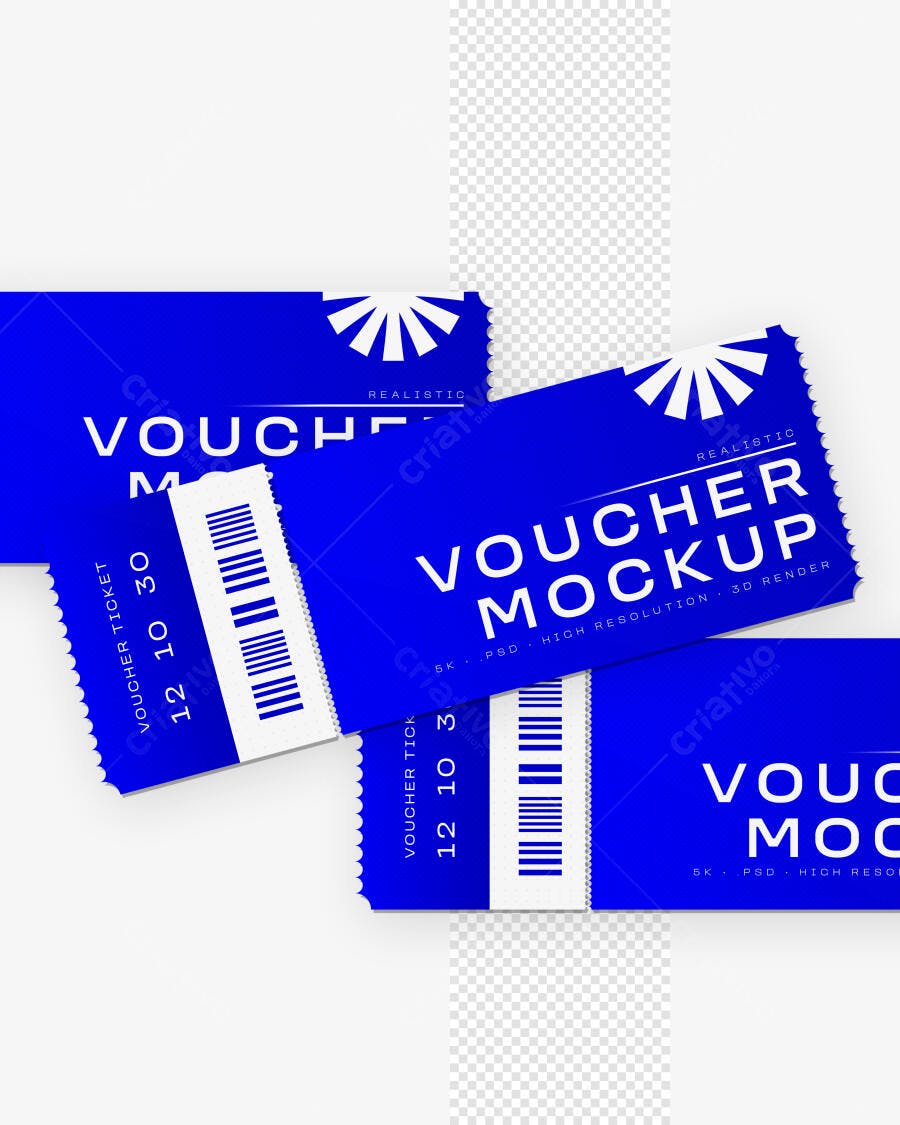Mockup Voucher Ticket Azul Realista Fundo Branco Editável