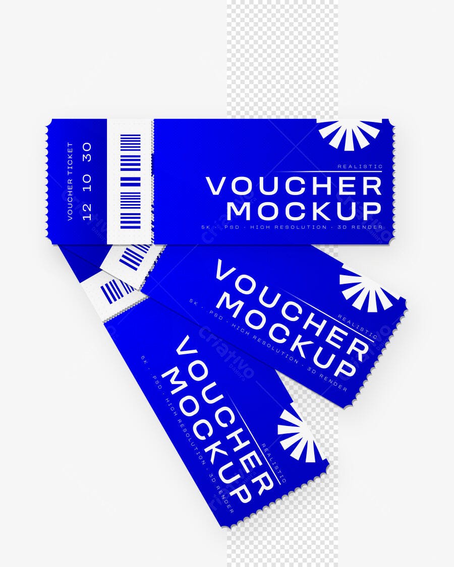 Mockup Voucher Ticket Azul Realista Vista Superior Editável