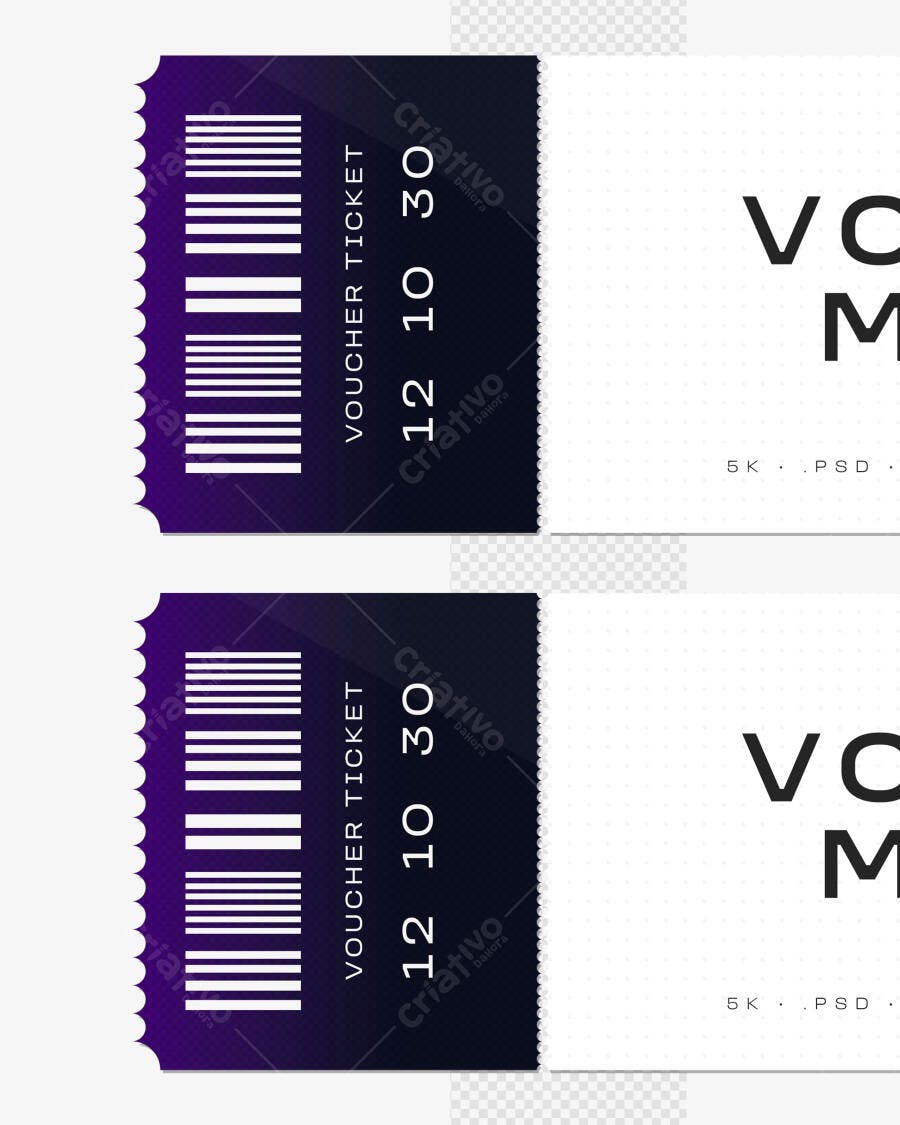 Mockup Voucher Ticket Bilhete Picotado Fundo Branco Editável