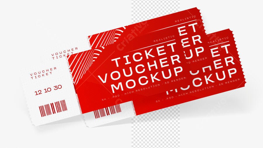 Mockup Voucher Ticket Ingresso Vermelho Fundo Branco Editável