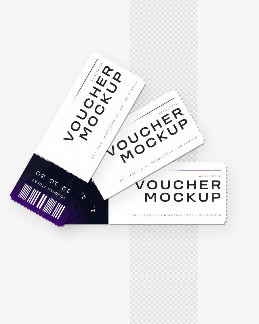 Mockup Voucher Ticket Papel 3/4 Fundo Branco Editável
