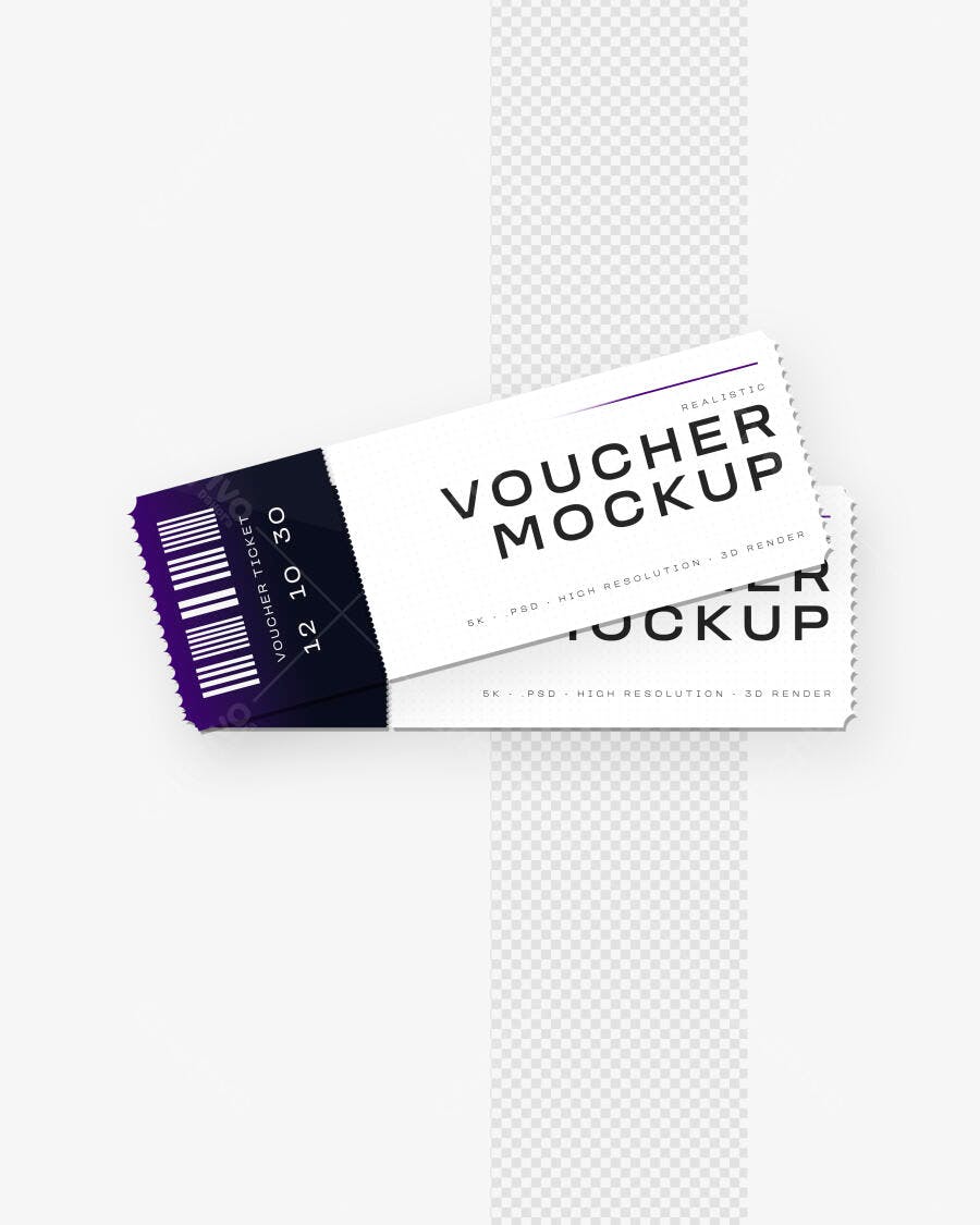 Mockup Voucher Ticket Realista 3/4 Fundo Neutro Editável