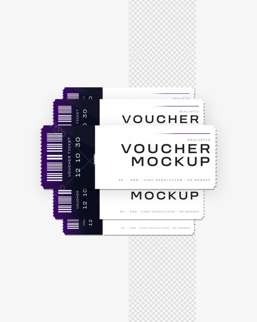 Mockup Voucher Ticket Realista Empilhado Fundo Branco Editável