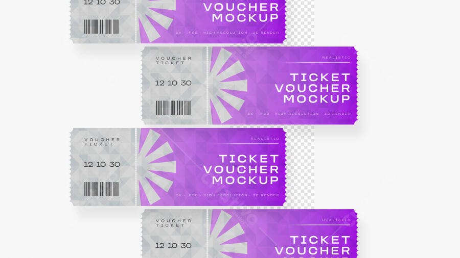 Mockup Voucher Ticket Roxo Fundo Branco Editável