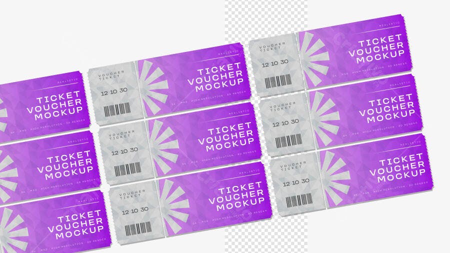 Mockup Voucher Ticket Roxo Fundo Branco Editável