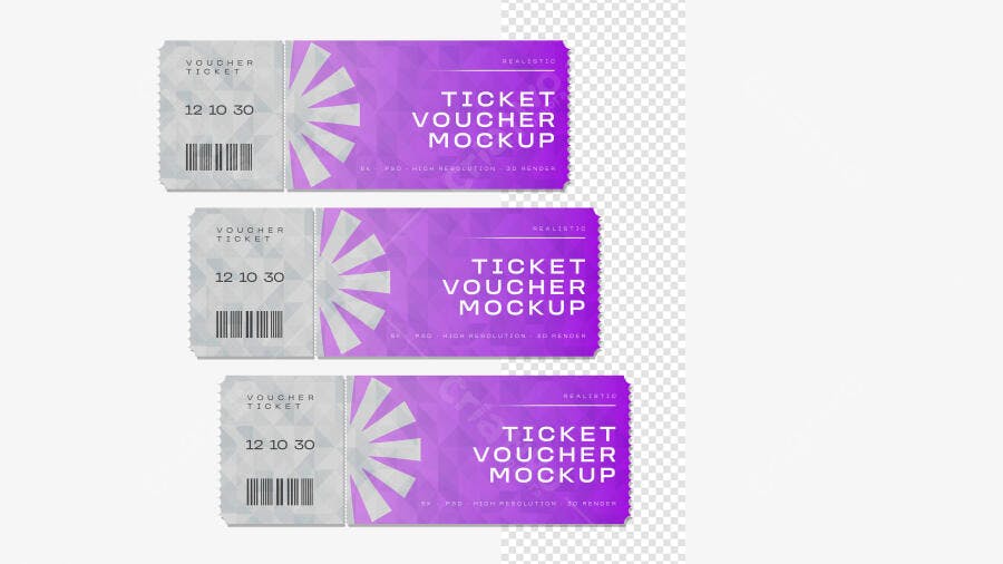 Mockup Voucher Ticket Roxo Fundo Transparente Editável