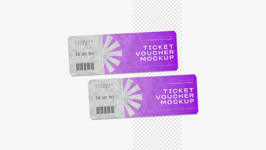 Mockup Voucher Ticket Roxo Papel Fundo Branco Editável